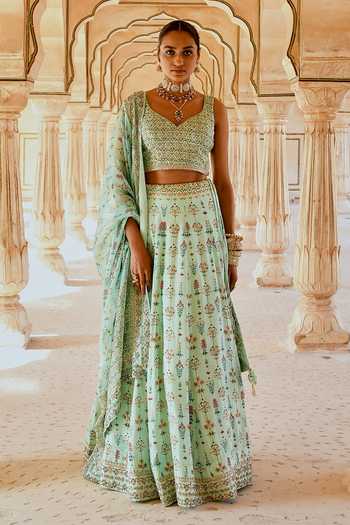 Buy_Karaj Jaipur_Mint Cotton, Organza, Muslin Embroidery V-neck Fiza Green Printed Lehenga Set _at_Aza_Fashions