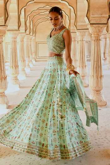 Buy_Karaj Jaipur_Mint Cotton, Organza, Muslin Embroidery V-neck Fiza Green Printed Lehenga Set _Online_at_Aza_Fashions