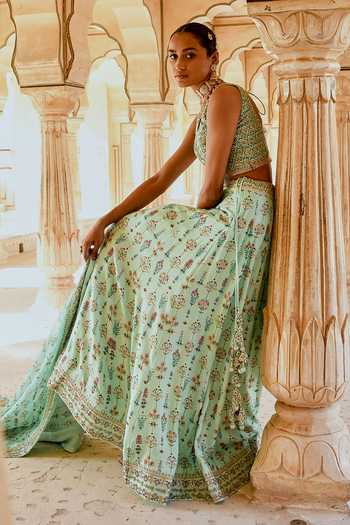 Shop_Karaj Jaipur_Mint Cotton, Organza, Muslin Embroidery V-neck Fiza Green Printed Lehenga Set 
