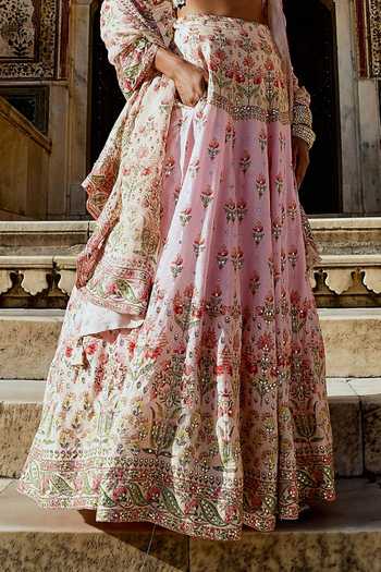 Karaj Jaipur_Pink Cotton, Organza, Muslin Gota Patti Round Neck Printed And Lehenga Set _Online_at_Aza_Fashions