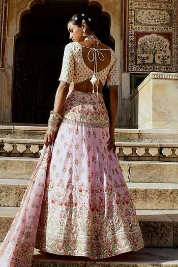 Shop_Karaj Jaipur_Pink Cotton, Organza, Muslin Gota Patti Round Neck Printed And Lehenga Set _at_Aza_Fashions