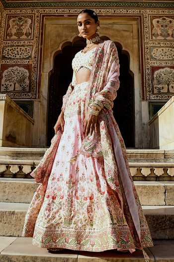 Karaj Jaipur_Pink Cotton, Organza, Muslin Gota Patti Round Neck Printed And Lehenga Set _at_Aza_Fashions