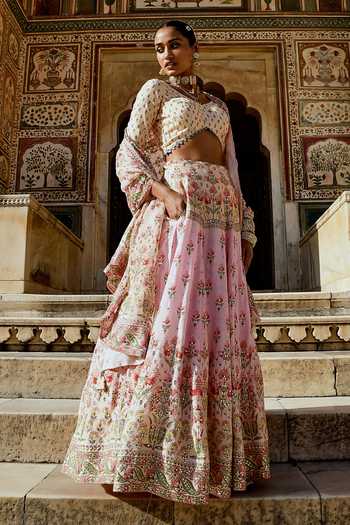 Shop_Karaj Jaipur_Pink Cotton, Organza, Muslin Gota Patti Round Neck Printed And Lehenga Set 
