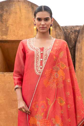 Buy_Karaj Jaipur_Red Tissue, Organza, Muslin Embroidery Round Neck Crushed Kurta Set _Online_at_Aza_Fashions