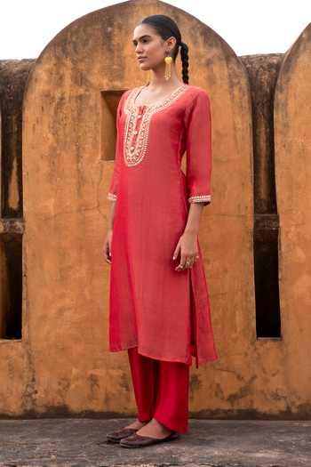 Shop_Karaj Jaipur_Red Tissue, Organza, Muslin Embroidery Round Neck Crushed Kurta Set _Online_at_Aza_Fashions
