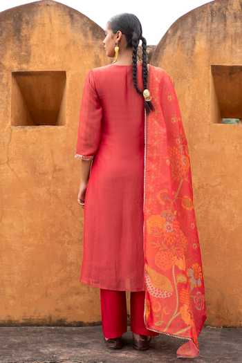 Shop_Karaj Jaipur_Red Tissue, Organza, Muslin Embroidery Round Neck Crushed Kurta Set _at_Aza_Fashions