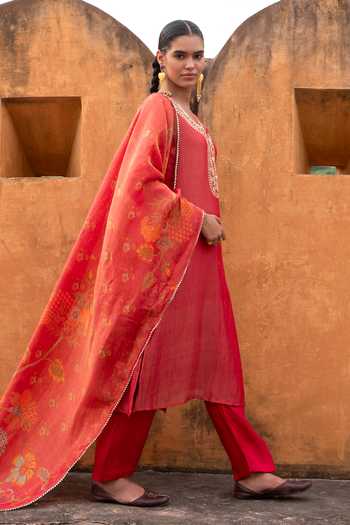 Karaj Jaipur_Red Tissue, Organza, Muslin Embroidery Round Neck Crushed Kurta Set _at_Aza_Fashions