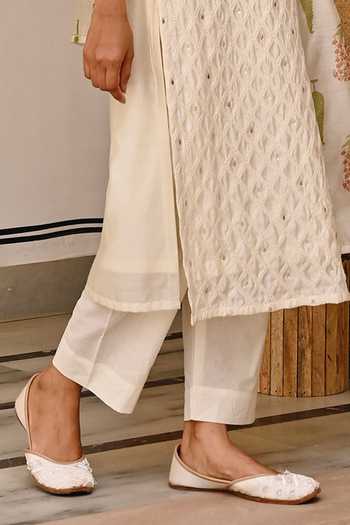 Karaj Jaipur_Cream Chanderi, Cotton Embroidery Thread Kurta Set _Online_at_Aza_Fashions