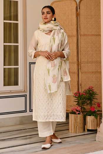 Shop_Karaj Jaipur_Cream Chanderi, Cotton Embroidery Thread Kurta Set _Online_at_Aza_Fashions