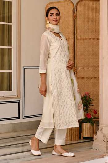 Karaj Jaipur_Cream Chanderi, Cotton Embroidery Thread Kurta Set _at_Aza_Fashions