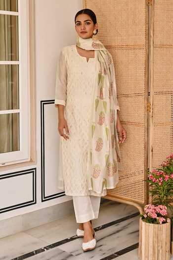 Shop_Karaj Jaipur_Cream Chanderi, Cotton Embroidery Thread Kurta Set 