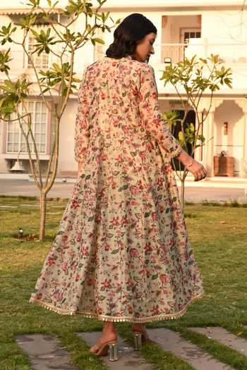 Shop_Karaj Jaipur_Green Cotton, Chanderi Embroidery V-neck Printed Pista Dress And Jacket Set _at_Aza_Fashions