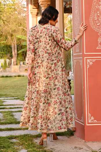 Karaj Jaipur_Green Cotton, Chanderi Embroidery V-neck Printed Pista Dress And Jacket Set _Online_at_Aza_Fashions