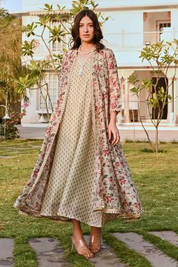 Buy_Karaj Jaipur_Green Cotton, Chanderi Embroidery V-neck Printed Pista Dress And Jacket Set _at_Aza_Fashions