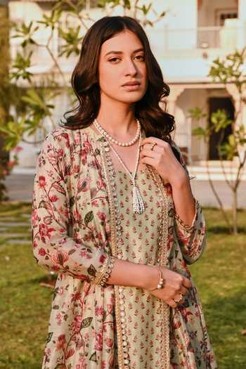 Karaj Jaipur_Green Cotton, Chanderi Embroidery V-neck Printed Pista Dress And Jacket Set _Online