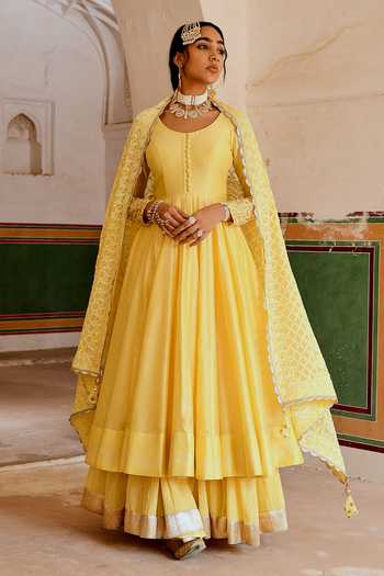 Buy_Karaj Jaipur_Yellow Chanderi, Cotton, Crepe, Inaayat Anarkali With Flared Skirt Set _at_Aza_Fashions