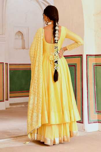 Shop_Karaj Jaipur_Yellow Chanderi, Cotton, Crepe, Inaayat Anarkali With Flared Skirt Set _at_Aza_Fashions