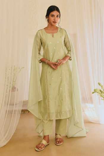 Buy_Karaj Jaipur_Green Chanderi, Kota Doria, Cotton Patti Split V-neck Embroidered Kurta Set _at_Aza_Fashions