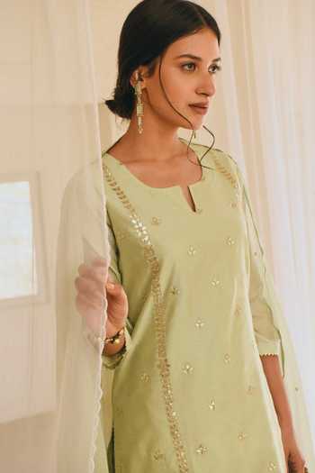 Karaj Jaipur_Green Chanderi, Kota Doria, Cotton Patti Split V-neck Embroidered Kurta Set _Online_at_Aza_Fashions