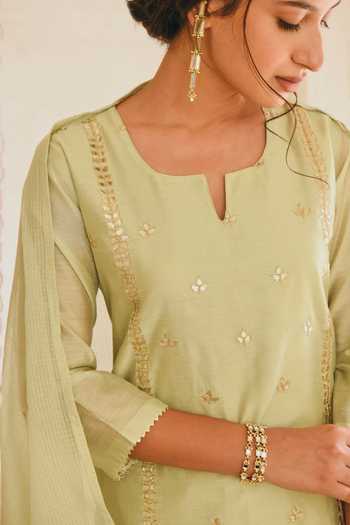 Buy_Karaj Jaipur_Green Chanderi, Kota Doria, Cotton Patti Split V-neck Embroidered Kurta Set _Online_at_Aza_Fashions