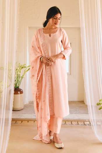 Buy_Karaj Jaipur_Pink Cotton, Kota Doria Embroidery Split V-neck Light Kurta Set _Online_at_Aza_Fashions