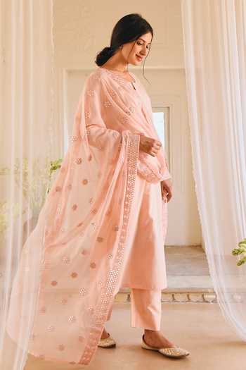 Shop_Karaj Jaipur_Pink Cotton, Kota Doria Embroidery Split V-neck Light Kurta Set _at_Aza_Fashions