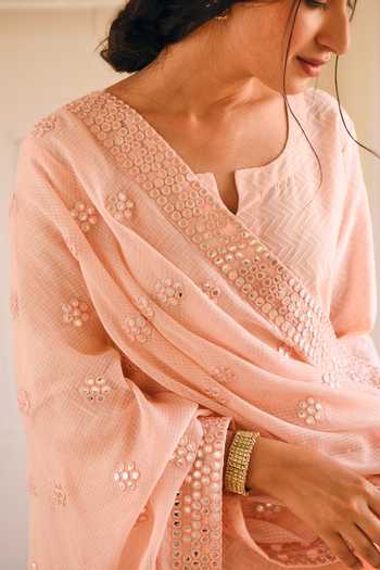 Shop_Karaj Jaipur_Pink Cotton, Kota Doria Embroidery Split V-neck Light Kurta Set _Online_at_Aza_Fashions
