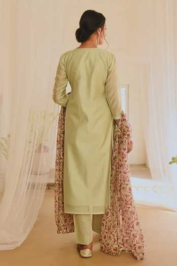 Shop_Karaj Jaipur_Green Cotton, Chanderi Embroidery V-neck Kurta Set With Dupatta _at_Aza_Fashions