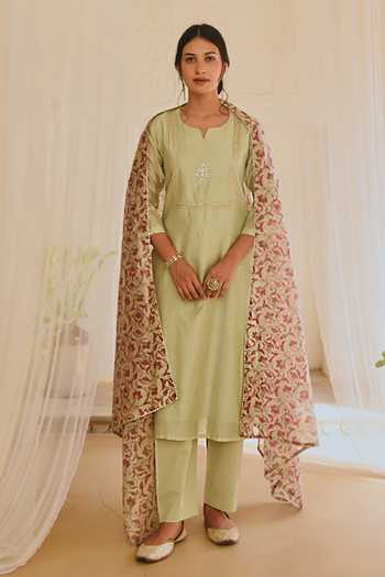 Buy_Karaj Jaipur_Green Cotton, Chanderi Embroidery V-neck Kurta Set With Dupatta _at_Aza_Fashions