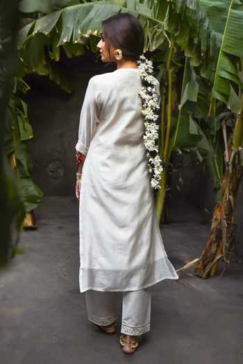Shop_Karaj Jaipur_Off White Chanderi, Chiffon, Cotton Chikankari Round Neck Rooh Kurta Set _at_Aza_Fashions