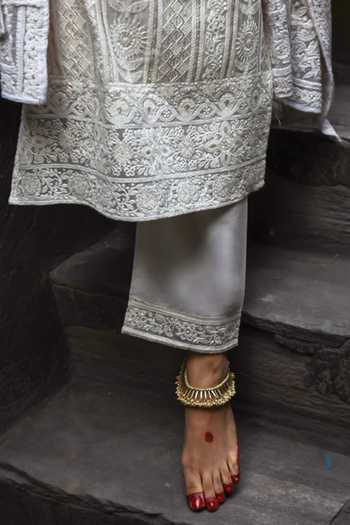 Karaj Jaipur_Off White Chanderi, Chiffon, Cotton Chikankari Round Neck Rooh Kurta Set _Online_at_Aza_Fashions