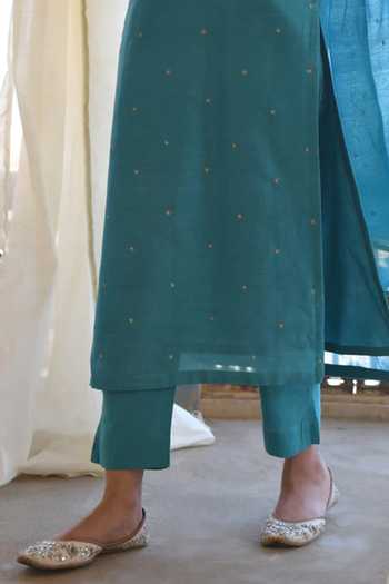 Karaj Jaipur_Turquoise Cotton, Chanderi, Bemberg Mirrors Round Neck Embroidered Kurta Set _Online_at_Aza_Fashions