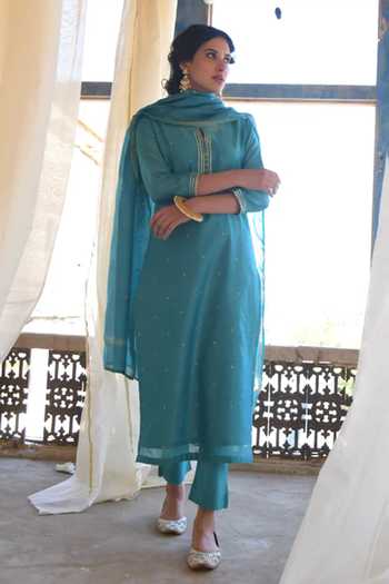 Shop_Karaj Jaipur_Turquoise Cotton, Chanderi, Bemberg Mirrors Round Neck Embroidered Kurta Set _at_Aza_Fashions