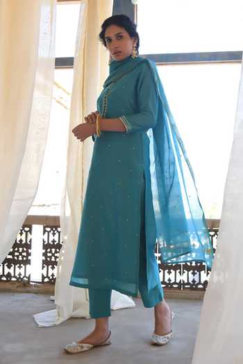 Karaj Jaipur_Turquoise Cotton, Chanderi, Bemberg Mirrors Round Neck Embroidered Kurta Set _at_Aza_Fashions