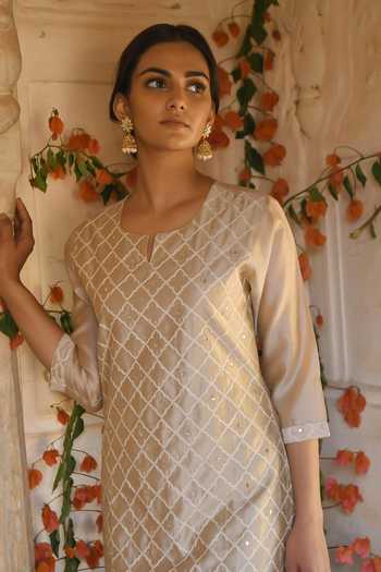 Buy_Karaj Jaipur_Beige Chanderi, Cotton Embroidery Round Neck Meher Kurta Set _Online_at_Aza_Fashions