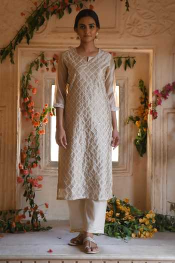Shop_Karaj Jaipur_Beige Chanderi, Cotton Embroidery Round Neck Meher Kurta Set _Online_at_Aza_Fashions