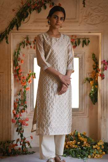 Buy_Karaj Jaipur_Beige Chanderi, Cotton Embroidery Round Neck Meher Kurta Set _at_Aza_Fashions