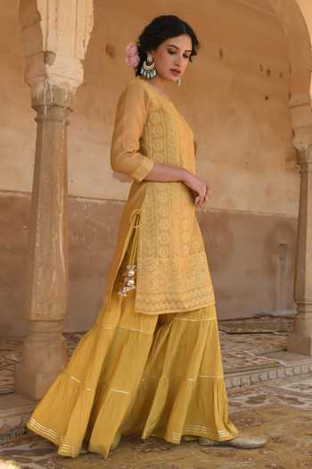 Buy_Karaj Jaipur_Mustard Chanderi, Cotton Embroidery Round Neck, Yes Yellow Sharara Set _Online_at_Aza_Fashions