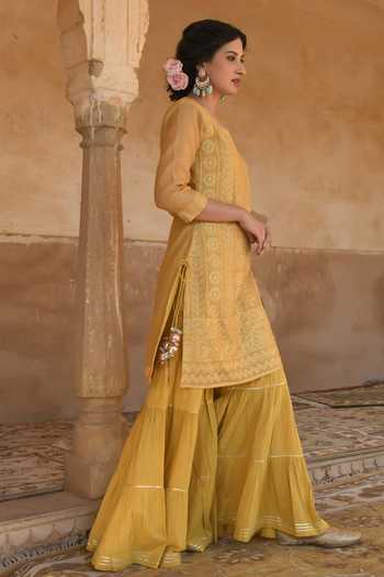 Shop_Karaj Jaipur_Mustard Chanderi, Cotton Embroidery Round Neck, Yes Yellow Sharara Set _Online_at_Aza_Fashions