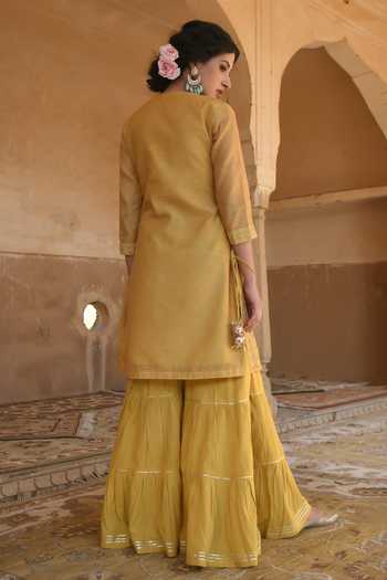 Shop_Karaj Jaipur_Mustard Chanderi, Cotton Embroidery Round Neck, Yes Yellow Sharara Set _at_Aza_Fashions