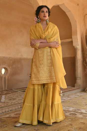 Karaj Jaipur_Mustard Chanderi, Cotton Embroidery Round Neck, Yes Yellow Sharara Set _Online