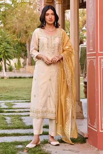 Buy_Karaj Jaipur_Cream Chanderi, Cotton Embroidery, Mirrors Round Neck Kurta Set _at_Aza_Fashions