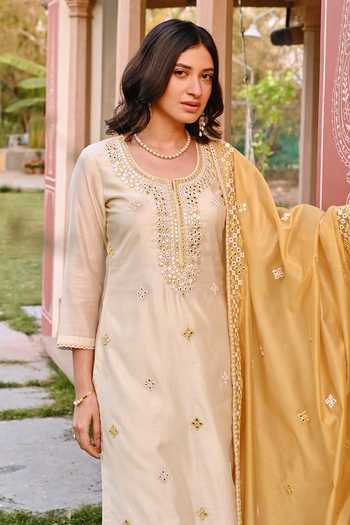 Shop_Karaj Jaipur_Cream Chanderi, Cotton Embroidery, Mirrors Round Neck Kurta Set _Online_at_Aza_Fashions