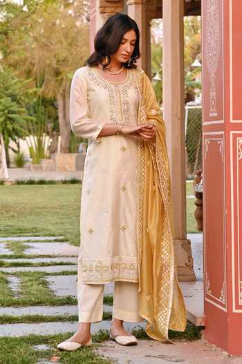 Buy_Karaj Jaipur_Cream Chanderi, Cotton Embroidery, Mirrors Round Neck Kurta Set _Online