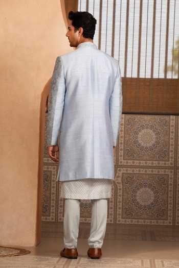 Shop_Design O Stitch_Silver Zari Frosted Textured Sherwani Jacket Set _at_Aza_Fashions