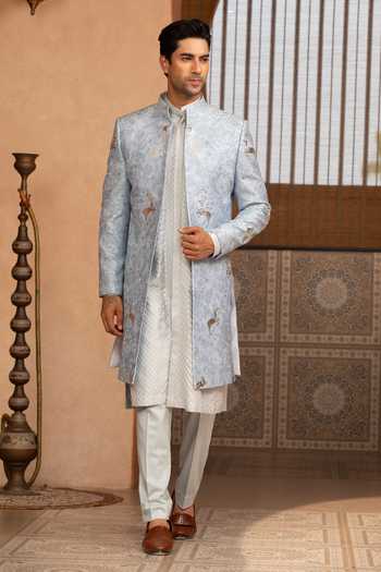 Design O Stitch_Silver Zari Frosted Textured Sherwani Jacket Set _Online_at_Aza_Fashions