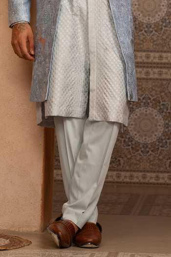 Buy_Design O Stitch_Silver Zari Frosted Textured Sherwani Jacket Set _Online_at_Aza_Fashions