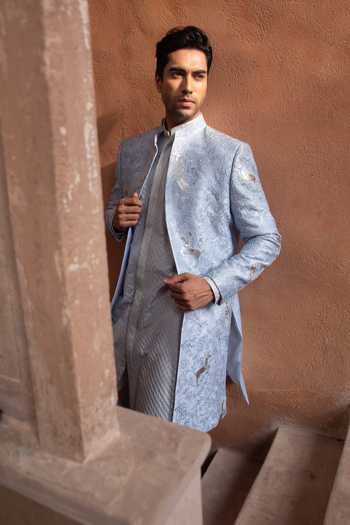 Shop_Design O Stitch_Silver Zari Frosted Textured Sherwani Jacket Set _Online_at_Aza_Fashions