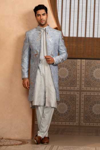 Design O Stitch_Silver Zari Frosted Textured Sherwani Jacket Set _at_Aza_Fashions