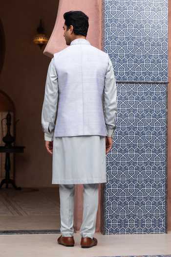 Shop_Design O Stitch_Sky Blue Embroidery Opal Mist Bundi Set _at_Aza_Fashions